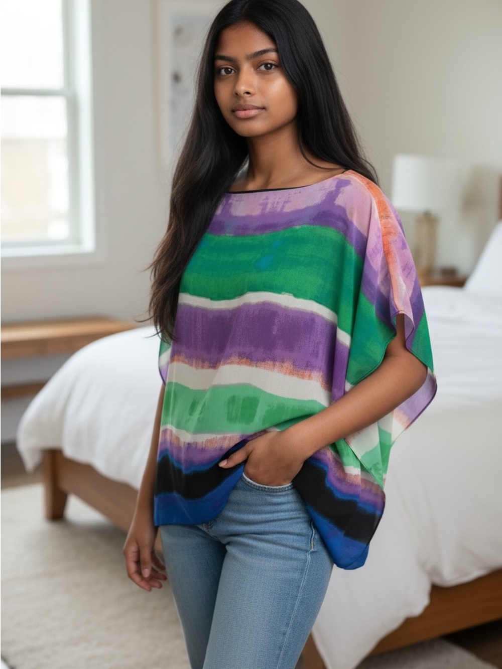 Calvin Klein Painterly Striped Dolman Top in Green & Purple